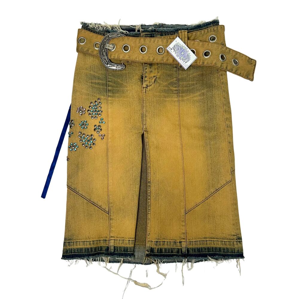 RARE Tan distressed denim skirt with grommet belt and rhinestone details